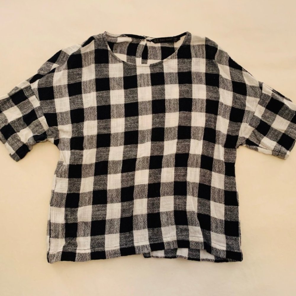 Zara - Linen White & Black Check Top